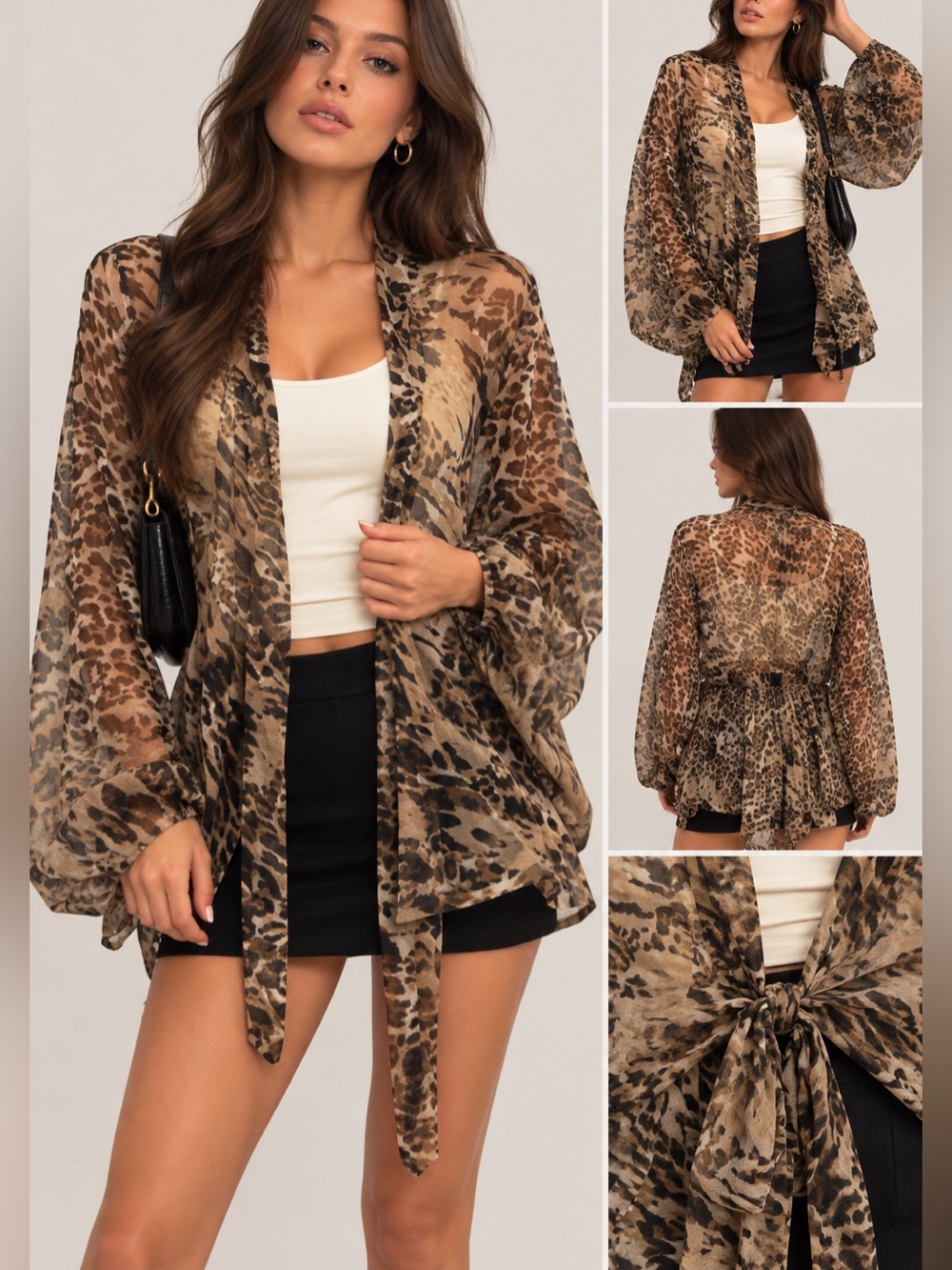 NWT SAACHI LEOPARD TIE FRONT SHEER KIMONO TOP